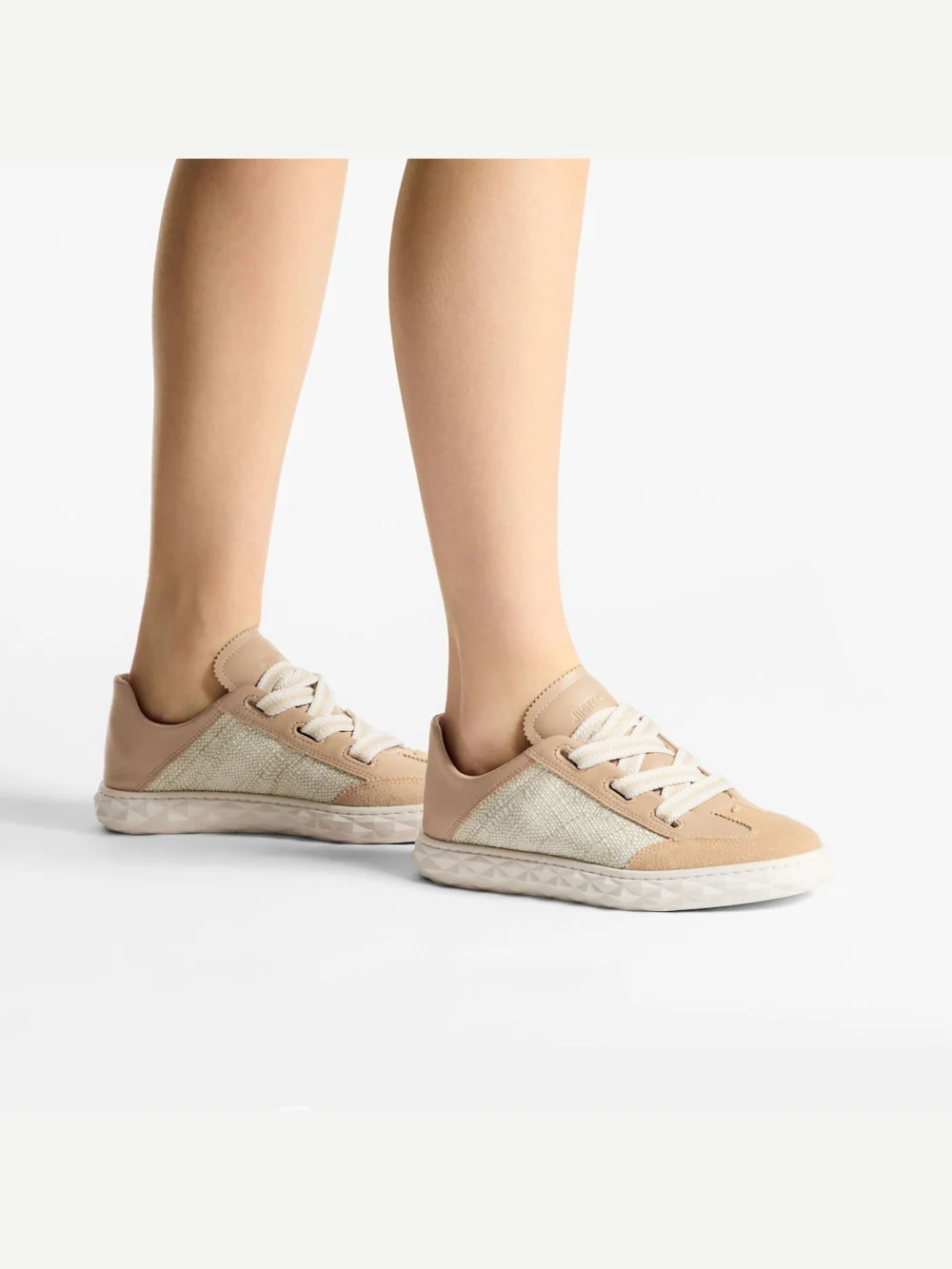 Side view of the Jimmy Choo Diamond Light Flex F Chai and Natural Leather Mix and Fine Raffia Trainers