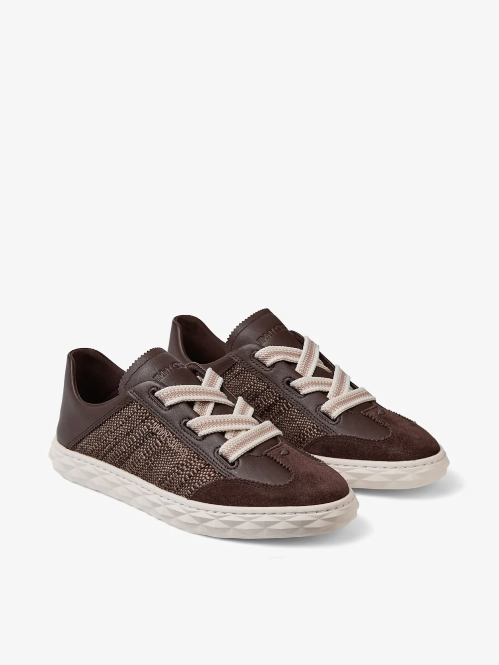Close-up detail of the Jimmy Choo Diamond Light Flex F Chocolate and Latte Leather Mix and Fine Raffia Trainers