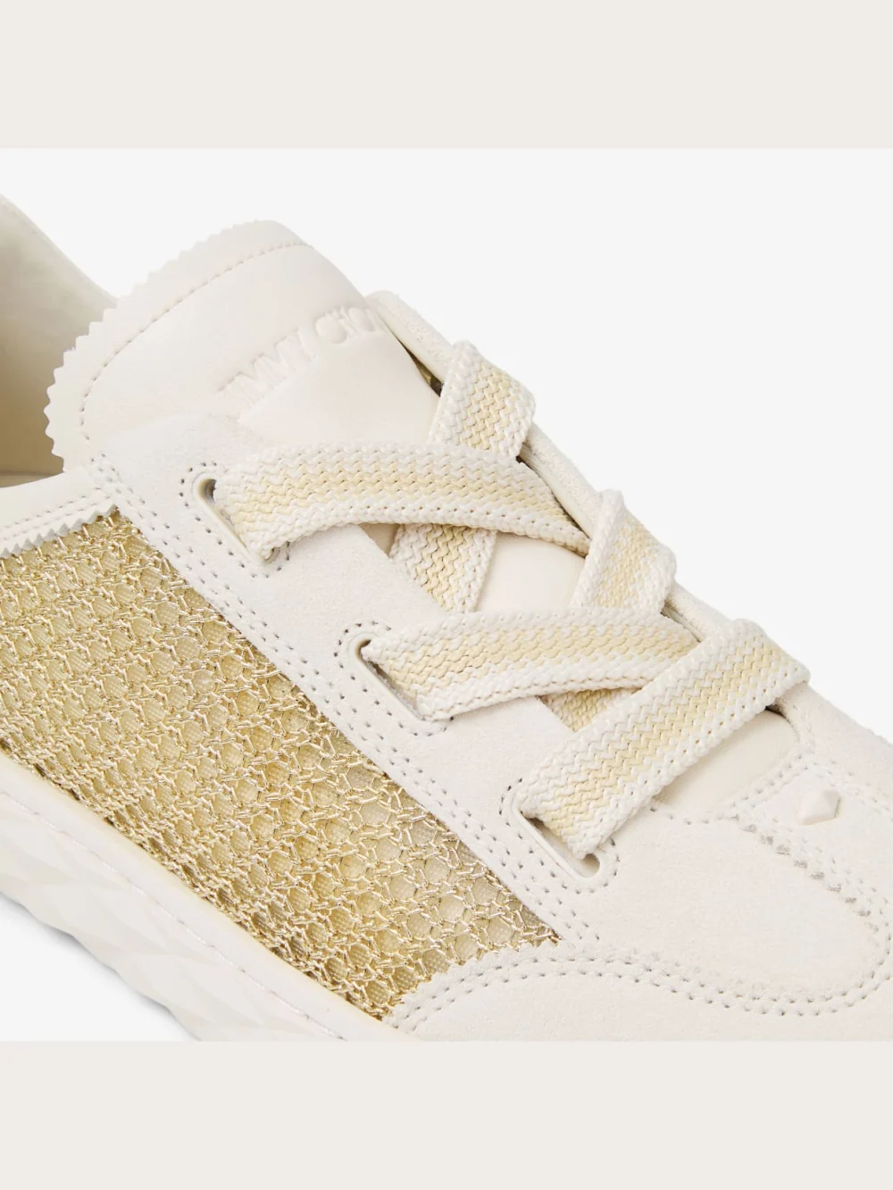 Back view of the Jimmy Choo Diamond Light Flex F Gold and Latte Leather Mix and Metallic Woven Mesh Trainers