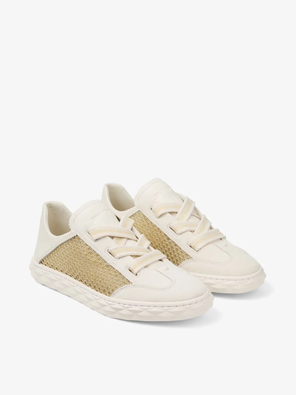 Close-up detail of the Jimmy Choo Diamond Light Flex F Gold and Latte Leather Mix and Metallic Woven Mesh Trainers
