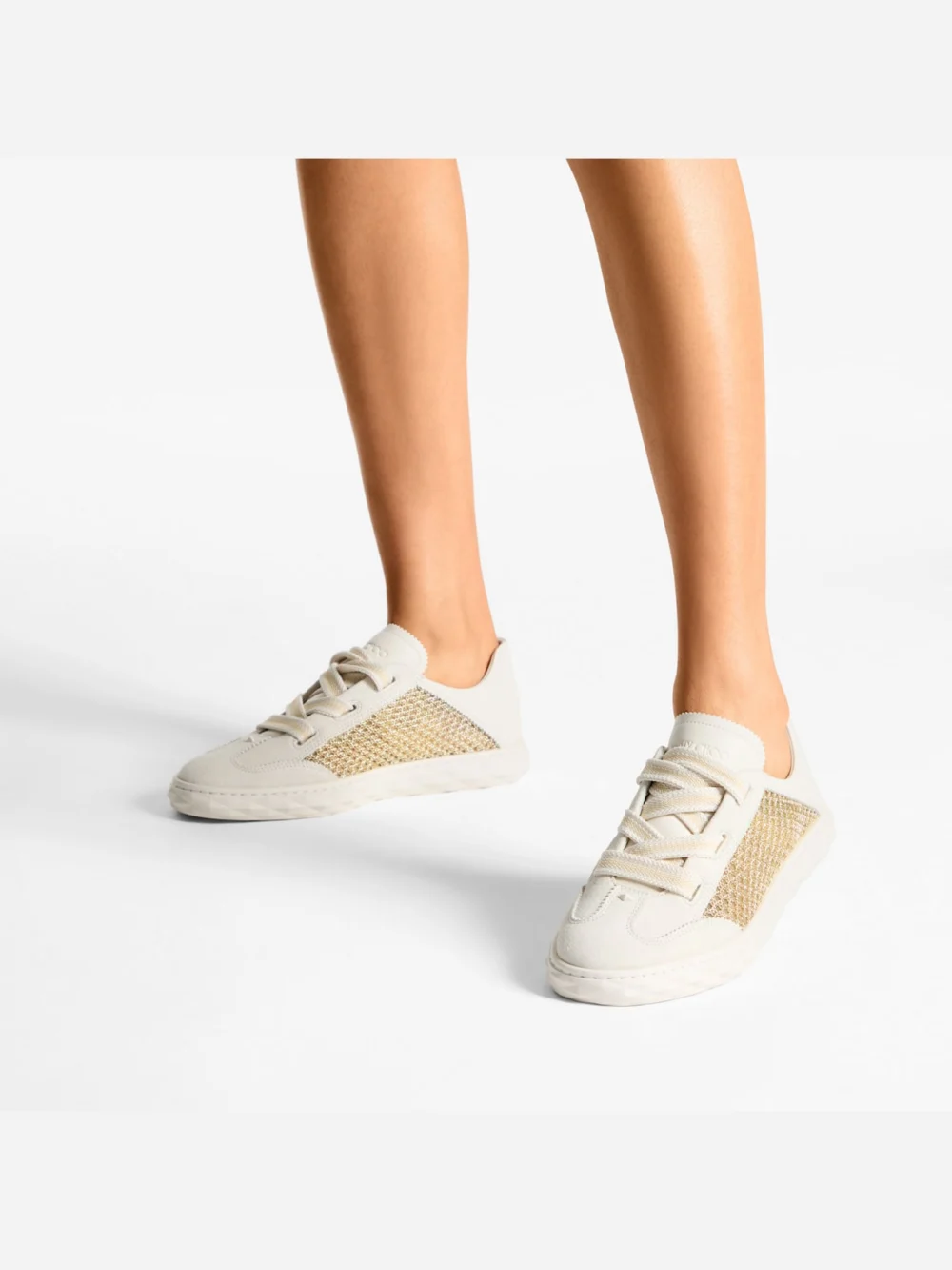 Side view of the Jimmy Choo Diamond Light Flex F Gold and Latte Leather Mix and Metallic Woven Mesh Trainers