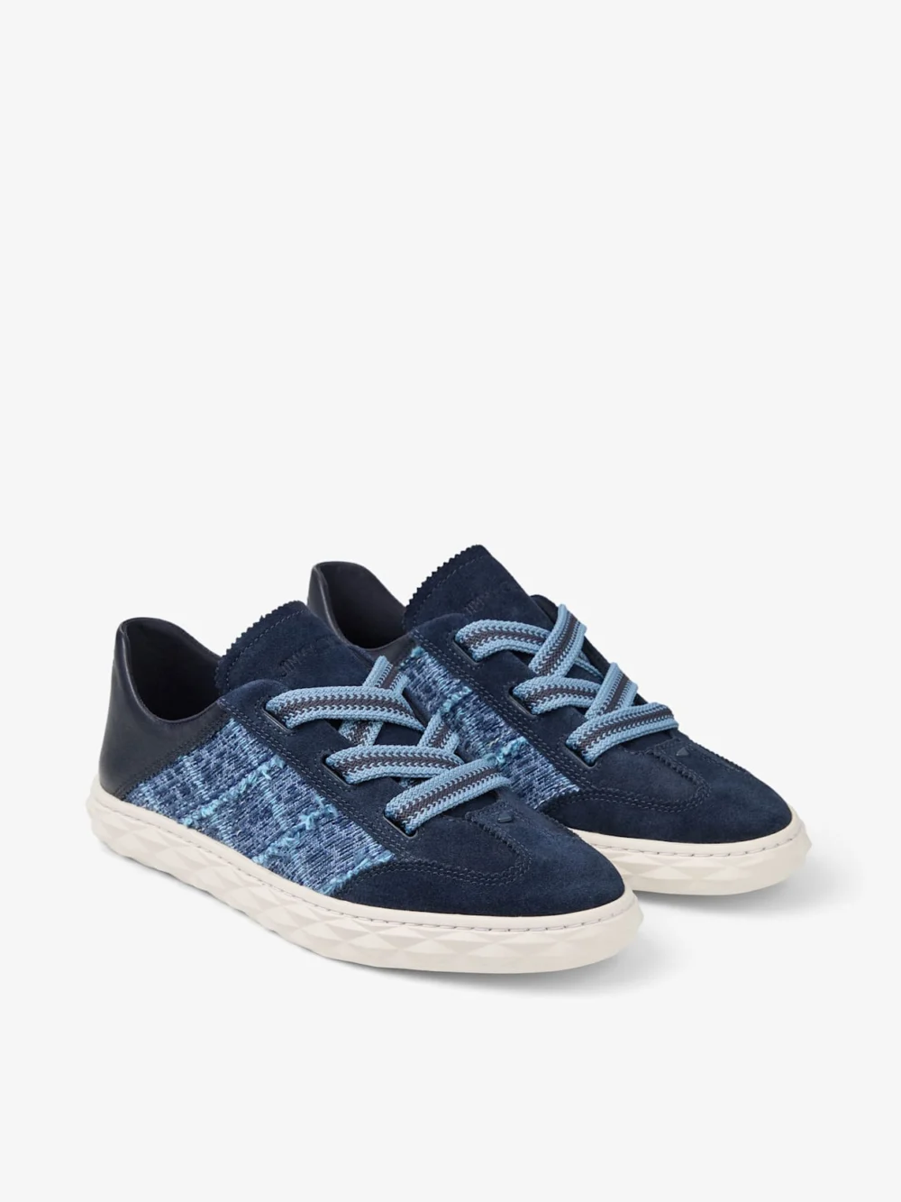 Close-up detail of the Jimmy Choo Diamond Light Flex F Marine Leather Mix and Crosshatch Denim Trainers
