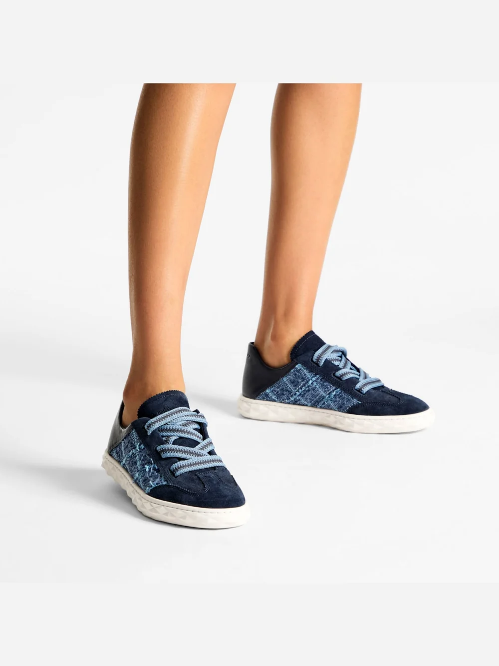 Side view of the Jimmy Choo Diamond Light Flex F Marine Leather Mix and Crosshatch Denim Trainers