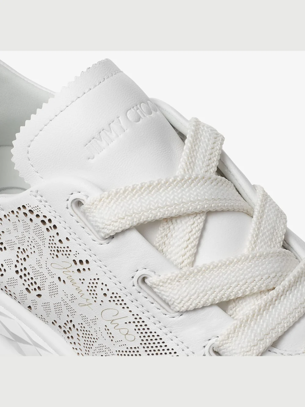 Back view of the Jimmy Choo Diamond Light Flex F White Leather Mix and Perforated Leather Lace Low Top Trainers
