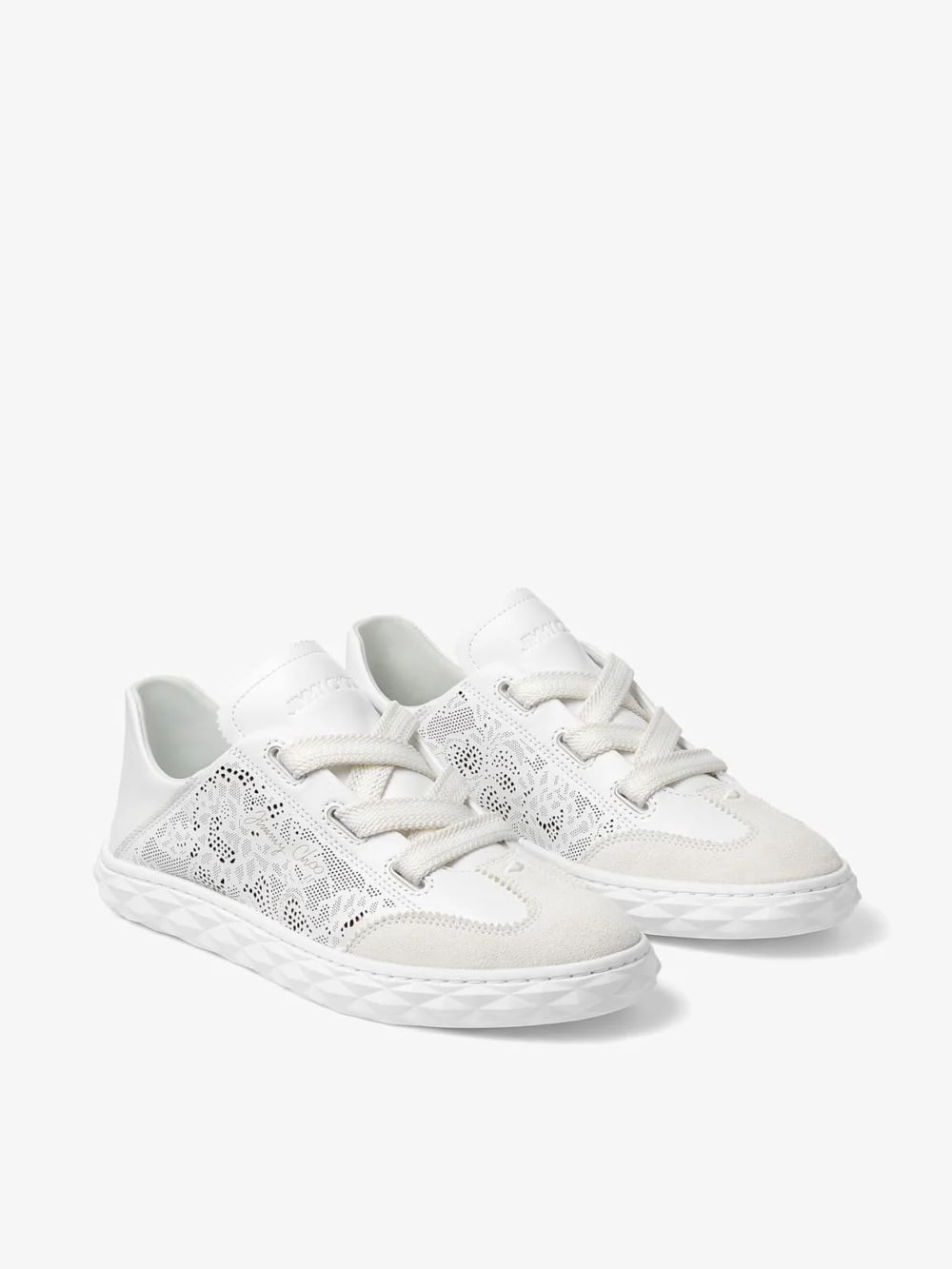 Close-up detail of the Jimmy Choo Diamond Light Flex F White Leather Mix and Perforated Leather Lace Low Top Trainers