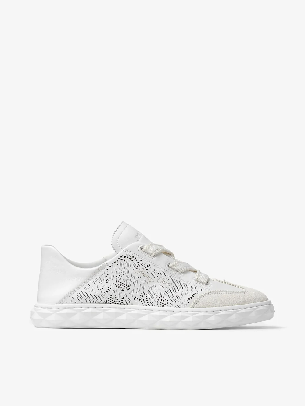 Jimmy Choo Diamond Light Flex F White Leather Mix and Perforated Leather Lace Low Top Trainers in v white