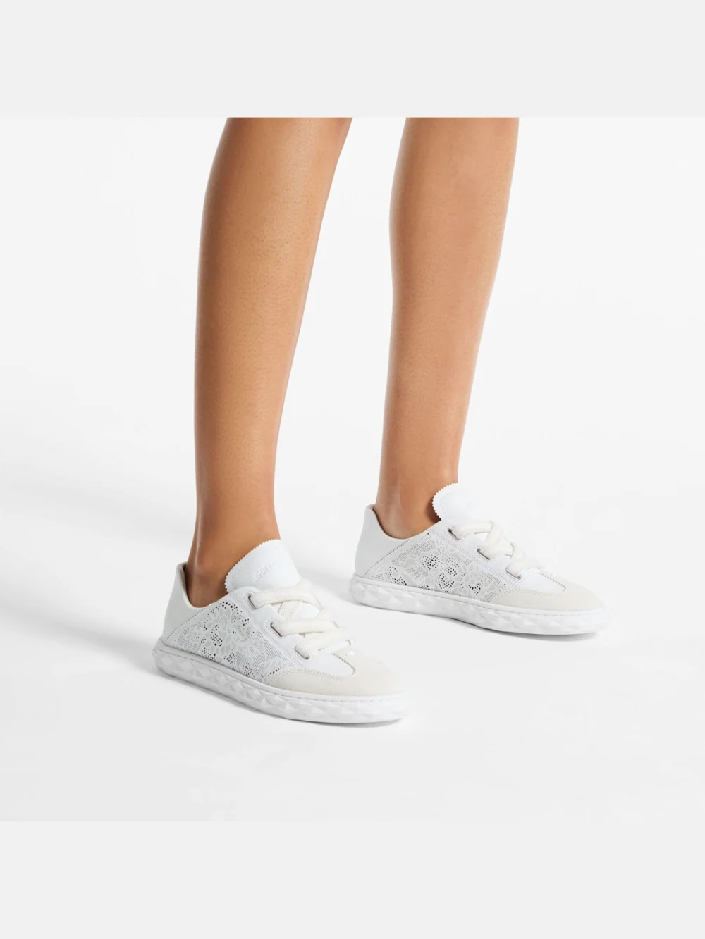 Side view of the Jimmy Choo Diamond Light Flex F White Leather Mix and Perforated Leather Lace Low Top Trainers