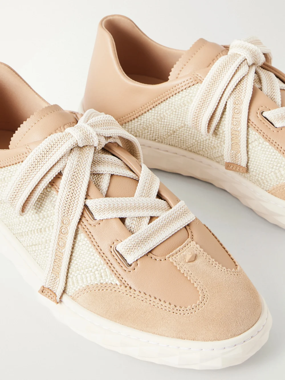 Close-up detail of the Jimmy Choo Diamond Light Flex Leather and Raffia Lace-up Sneakers