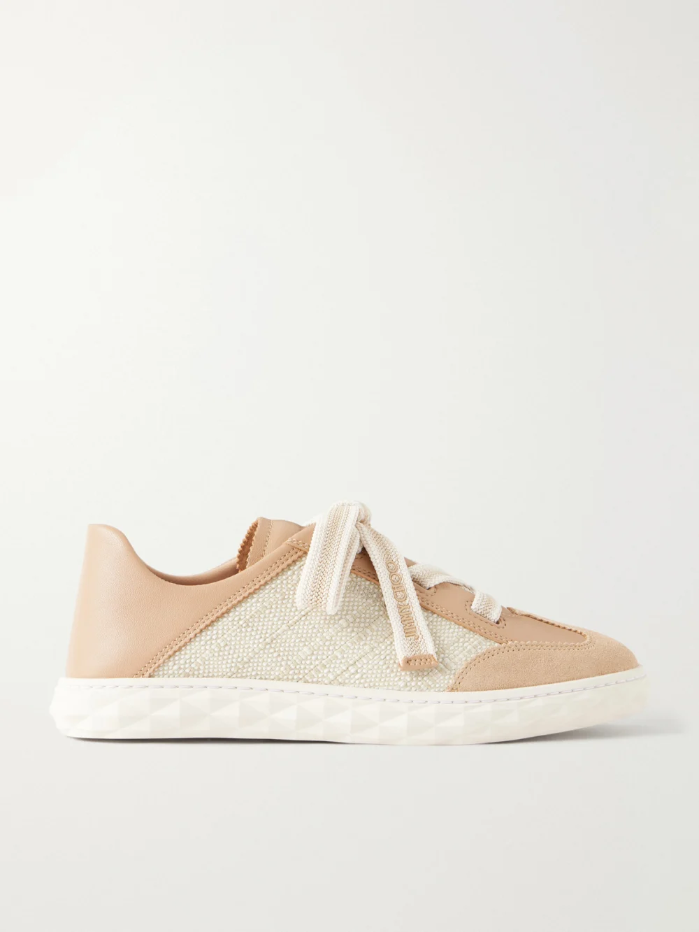 Jimmy Choo Diamond Light Flex Leather and Raffia Lace-up Sneakers in beige