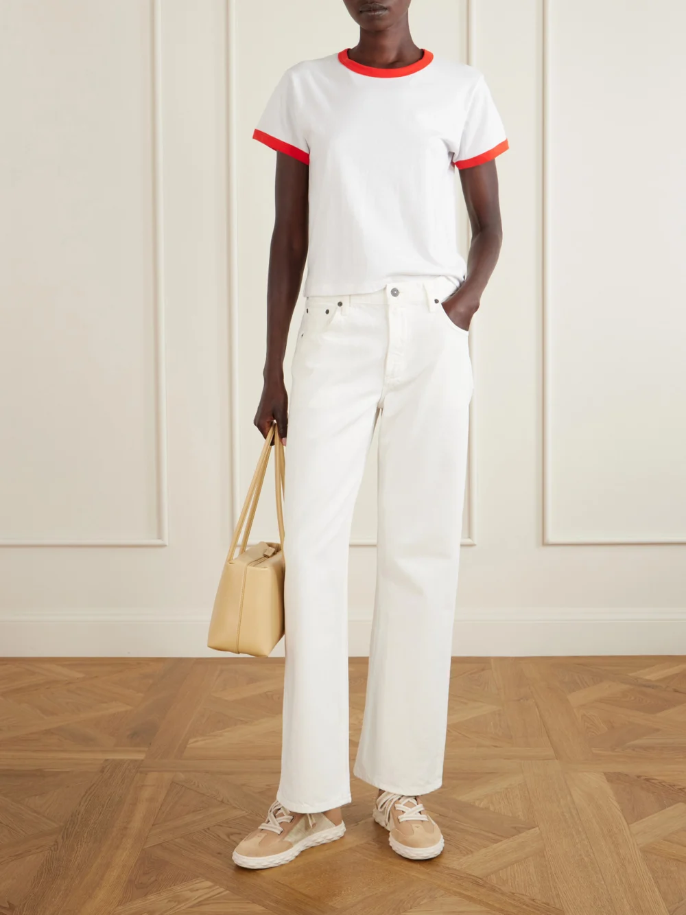 Jimmy Choo Diamond Light Flex Leather and Raffia Lace-up Sneakers, styled view