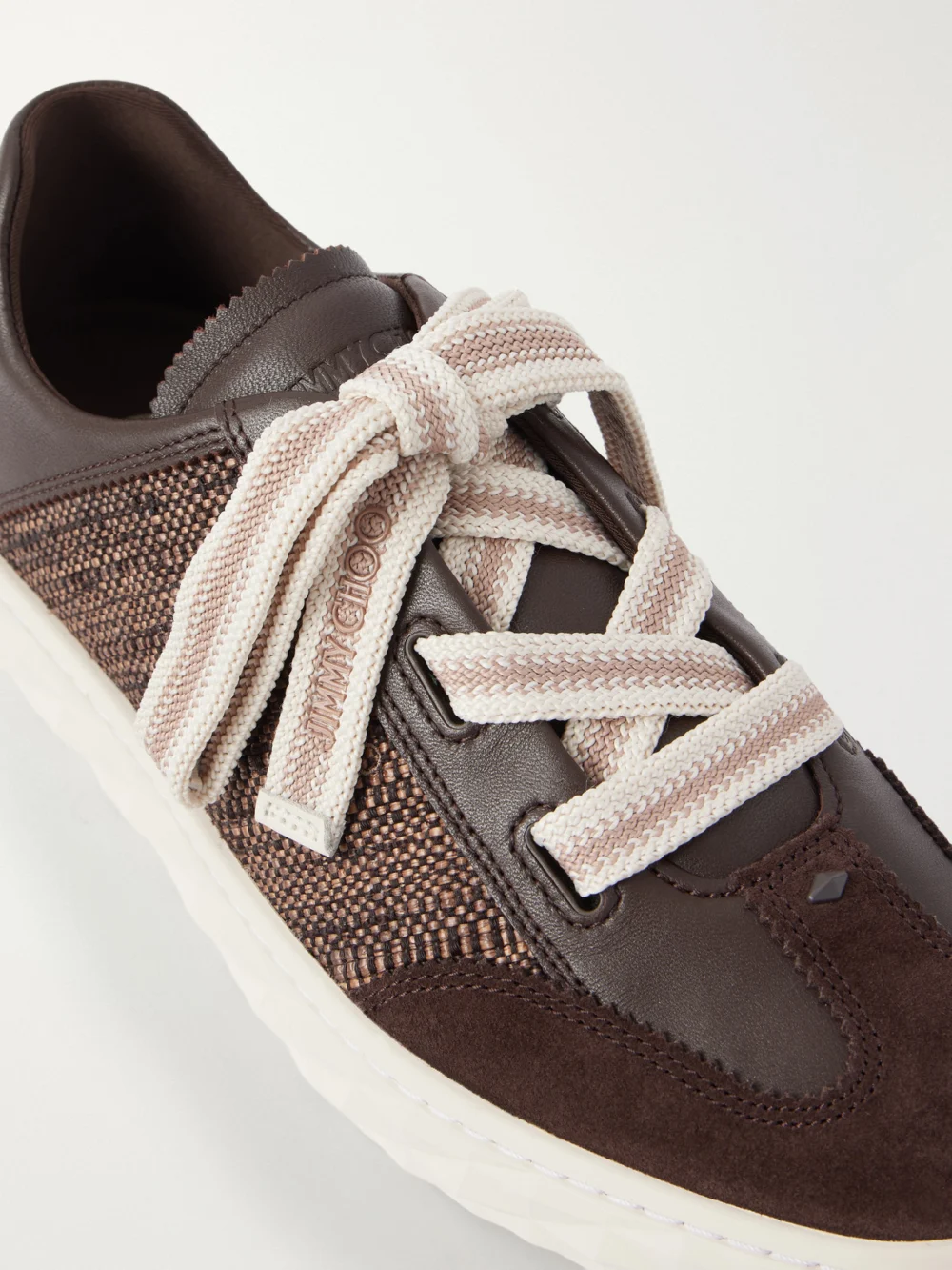 Close-up detail of the Jimmy Choo Diamond Light Flex Leather and Raffia Lace-up Sneakers