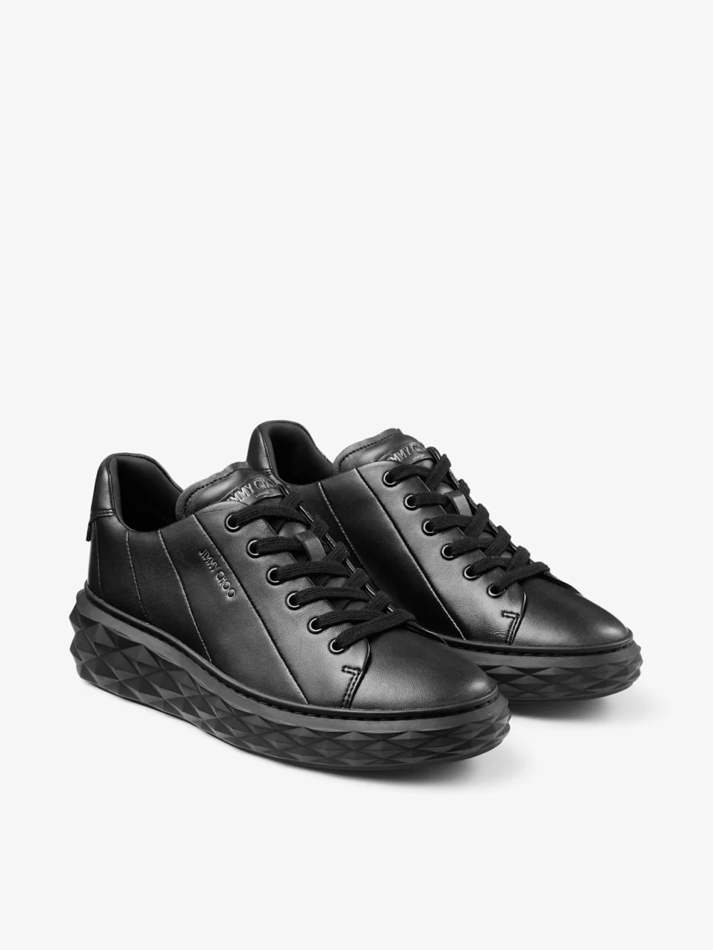 Close-up detail of the Jimmy Choo Diamond Light Maxi F Black Nappa Leather Trainers