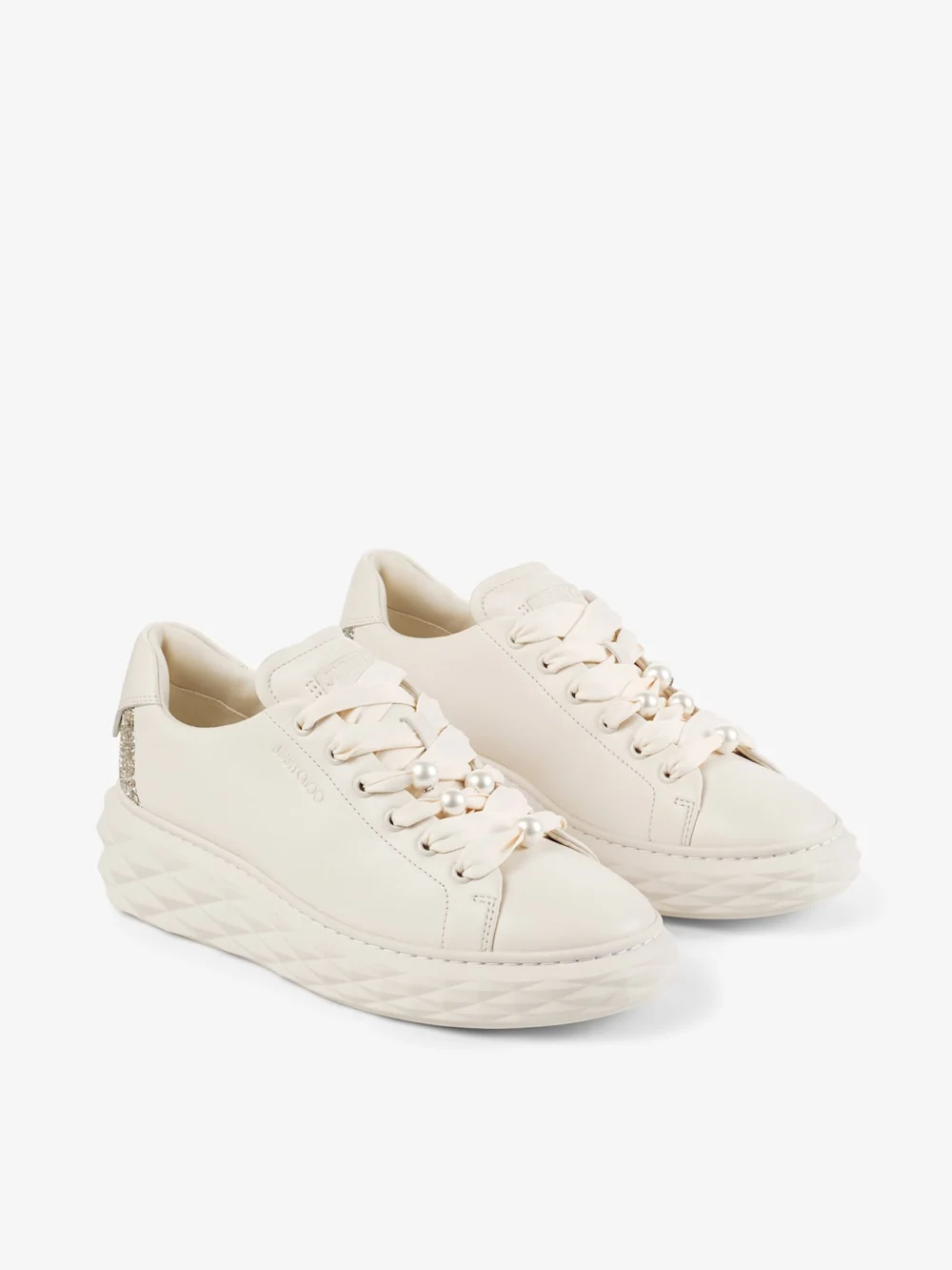 Side view of the Jimmy Choo Diamond Light Maxi F Latte Smooth Leather and Coarse Glitter Trainers