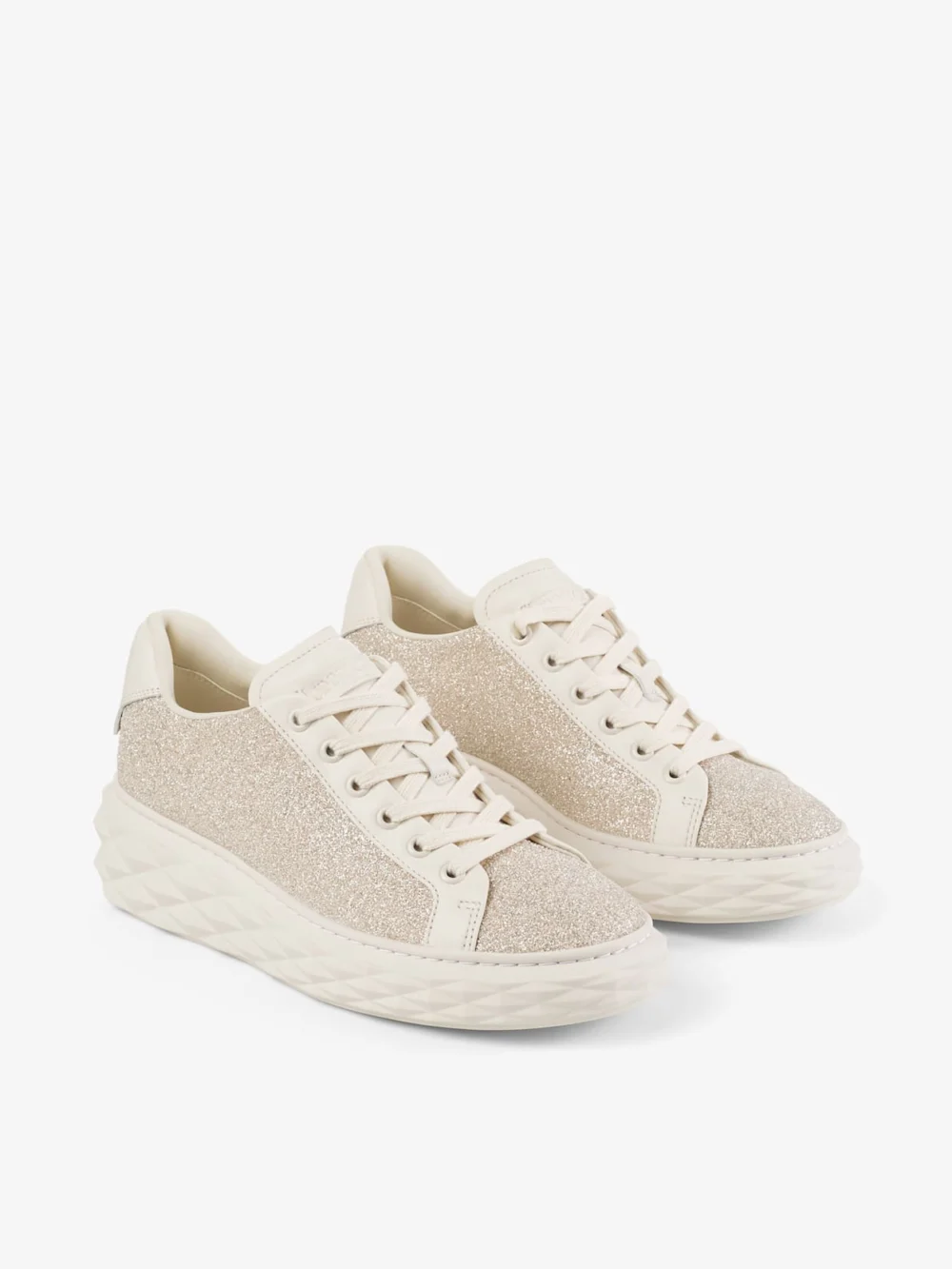 Side view of the Jimmy Choo Diamond Light Maxi F Light Soft Gold Caviar Glitter and Leather Mix Trainers