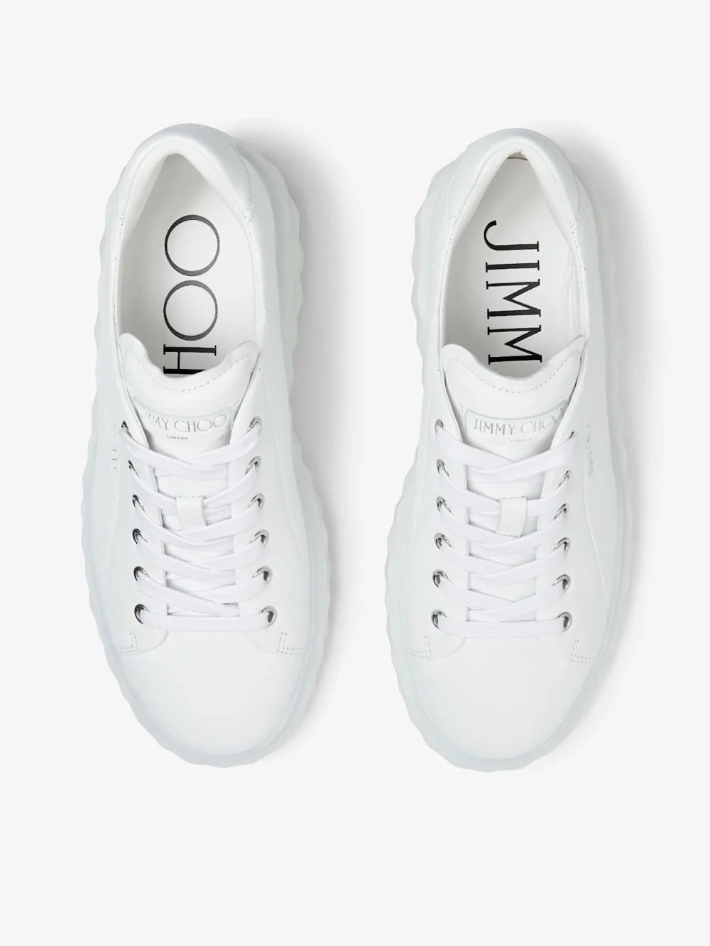 Back view of the Jimmy Choo Diamond Light Maxi F White Nappa Leather Low Top Trainers with Platform Sole