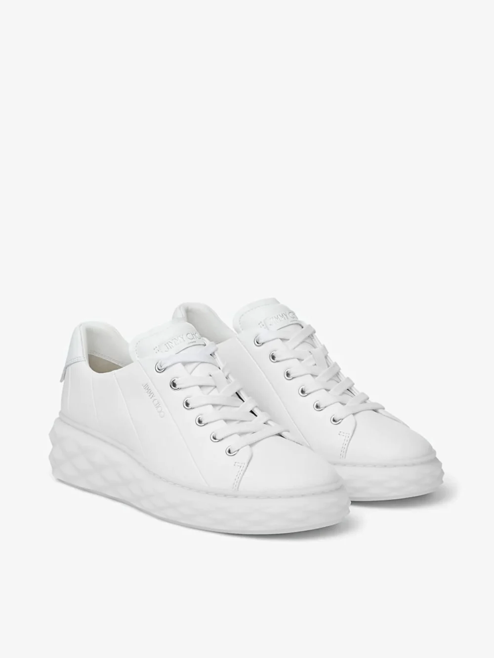 Side view of the Jimmy Choo Diamond Light Maxi F White Nappa Leather Low Top Trainers with Platform Sole