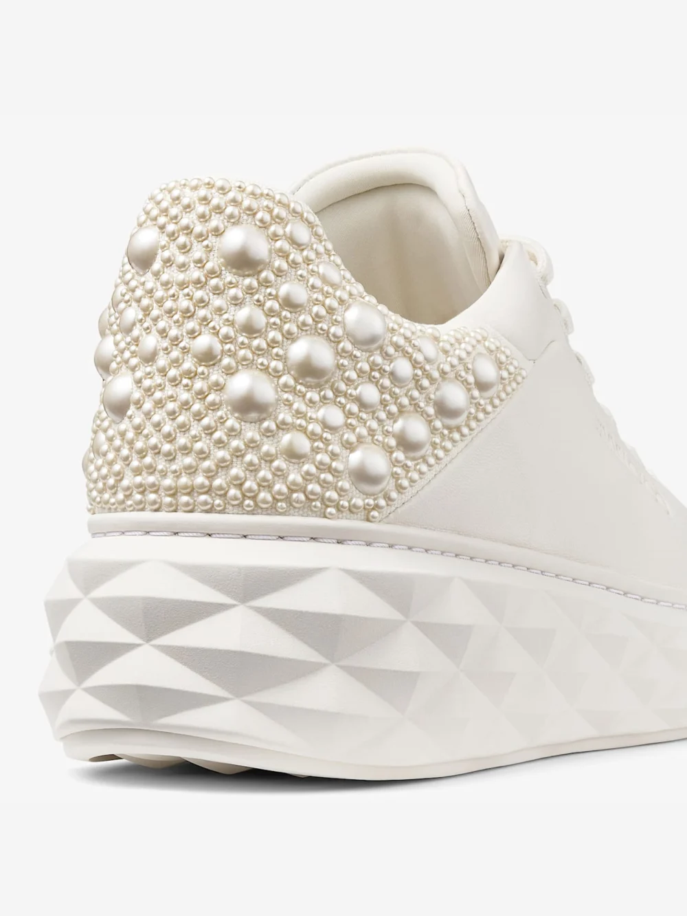 Back view of the Jimmy Choo Diamond Maxi F Ii Latte Nappa Leather Pearl Trainers