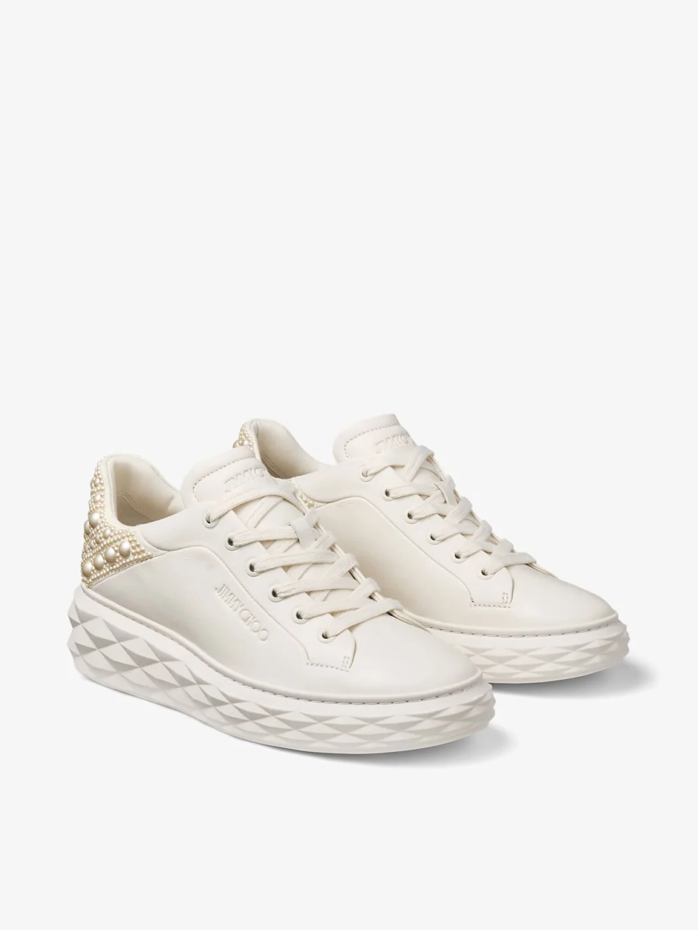 Close-up detail of the Jimmy Choo Diamond Maxi F Ii Latte Nappa Leather Pearl Trainers