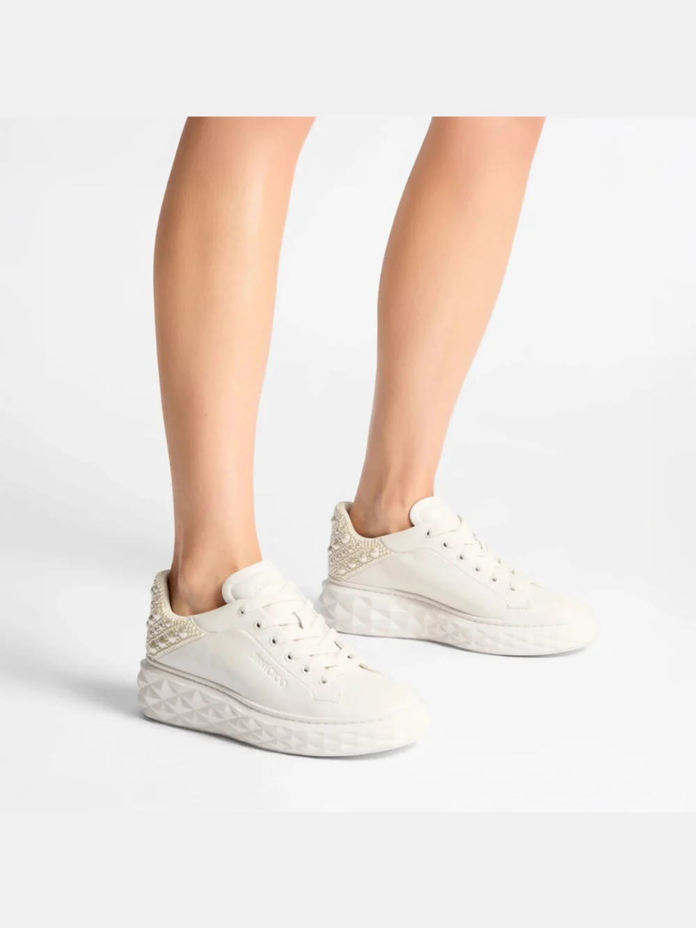 Side view of the Jimmy Choo Diamond Maxi F Ii Latte Nappa Leather Pearl Trainers