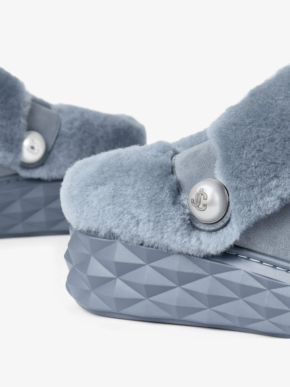 Back view of the Jimmy Choo Diamond Maxi Mule F Arctic Blue Suede Mules with Shearling