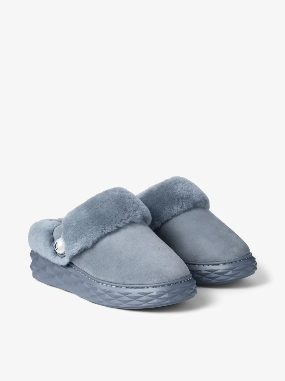 Close-up detail of the Jimmy Choo Diamond Maxi Mule F Arctic Blue Suede Mules with Shearling