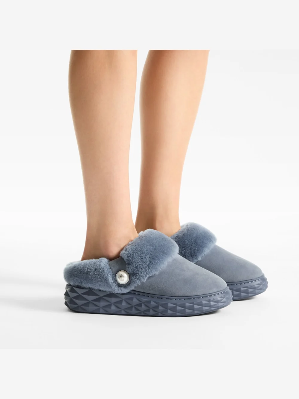 Side view of the Jimmy Choo Diamond Maxi Mule F Arctic Blue Suede Mules with Shearling