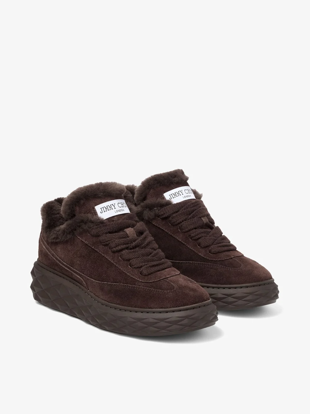 Side view of the Jimmy Choo Diamond Maxi Retro F Chocolate Velvet Suede Low Top Trainers with Shearling