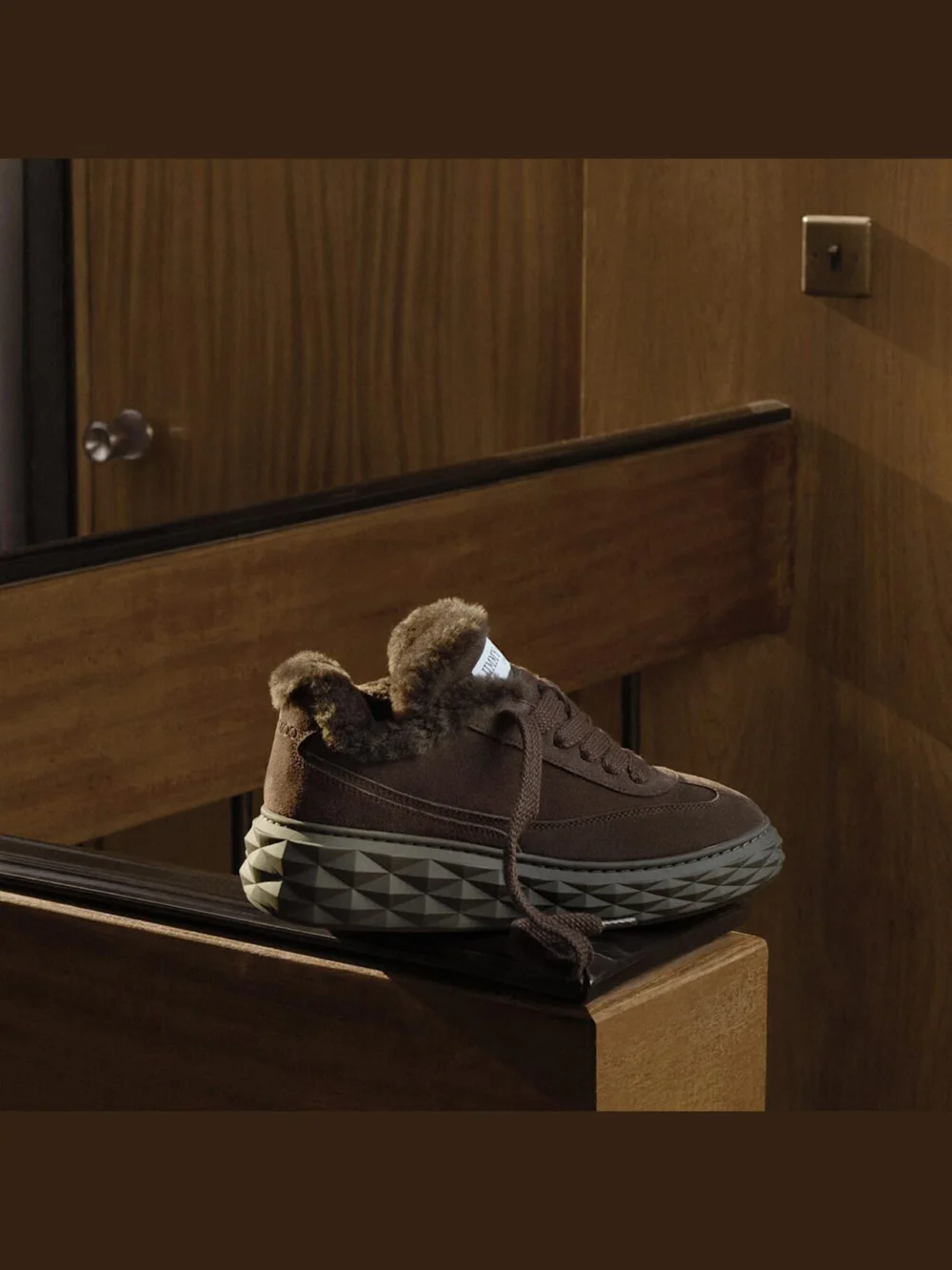 Jimmy Choo Diamond Maxi Retro F Chocolate Velvet Suede Low Top Trainers with Shearling, another view