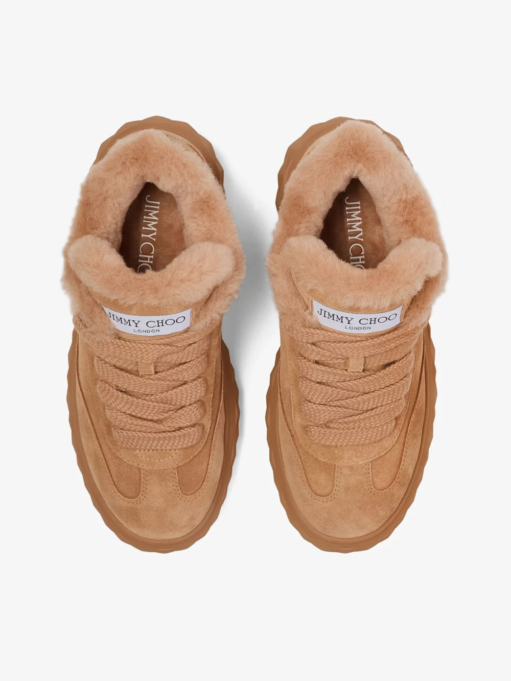 Back view of the Jimmy Choo Diamond Maxi Retro F Toffee Velvet Suede Low Top Trainers with Shearling
