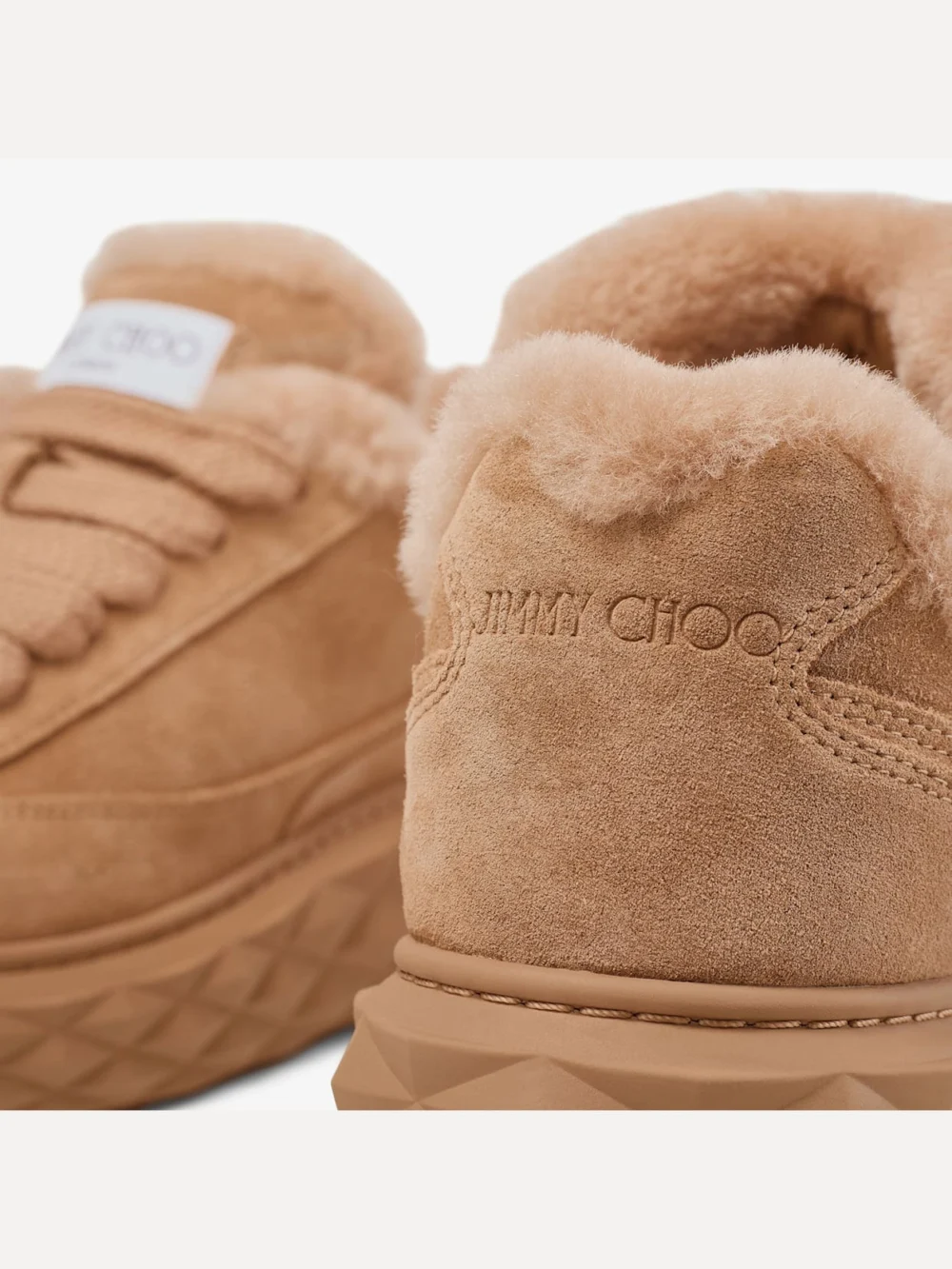 Close-up detail of the Jimmy Choo Diamond Maxi Retro F Toffee Velvet Suede Low Top Trainers with Shearling