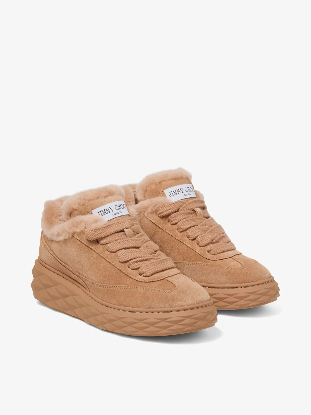 Side view of the Jimmy Choo Diamond Maxi Retro F Toffee Velvet Suede Low Top Trainers with Shearling