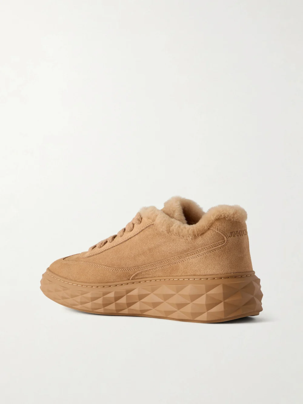 Back view of the Jimmy Choo Diamond Maxi Retro Shearling-trimmed Suede Sneakers