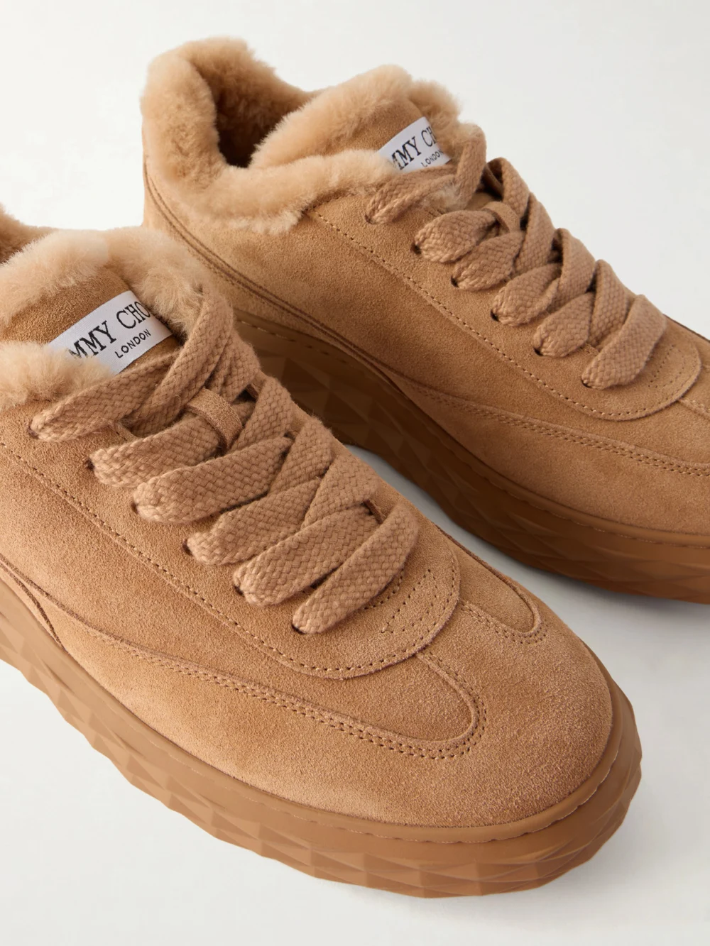 Close-up detail of the Jimmy Choo Diamond Maxi Retro Shearling-trimmed Suede Sneakers