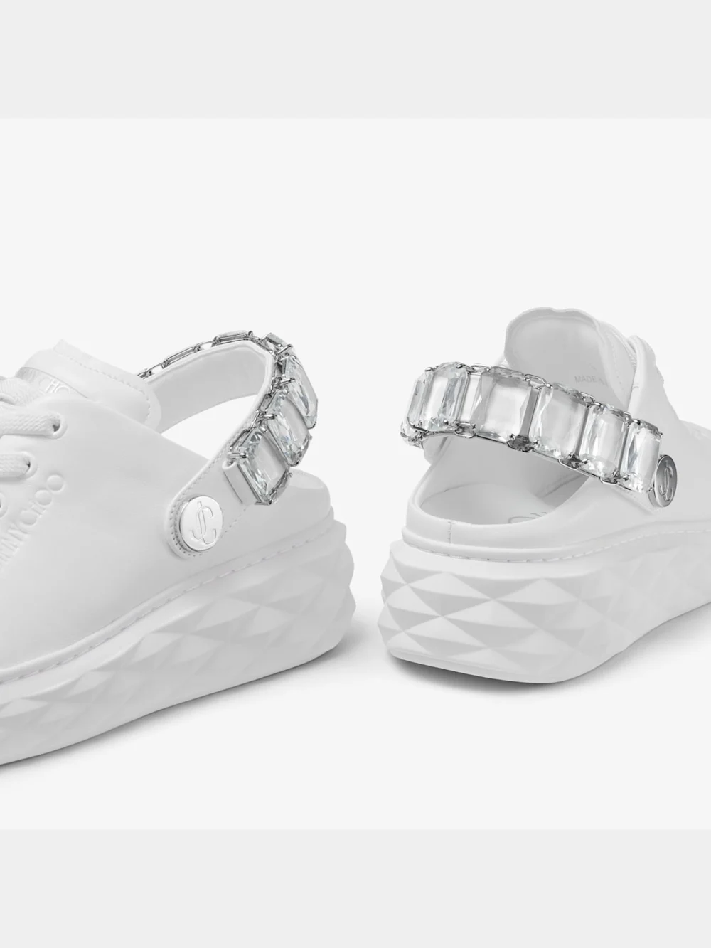 Back view of the Jimmy Choo Diamond Sling White Nappa Leather Slipper Trainers with Crystal Strap