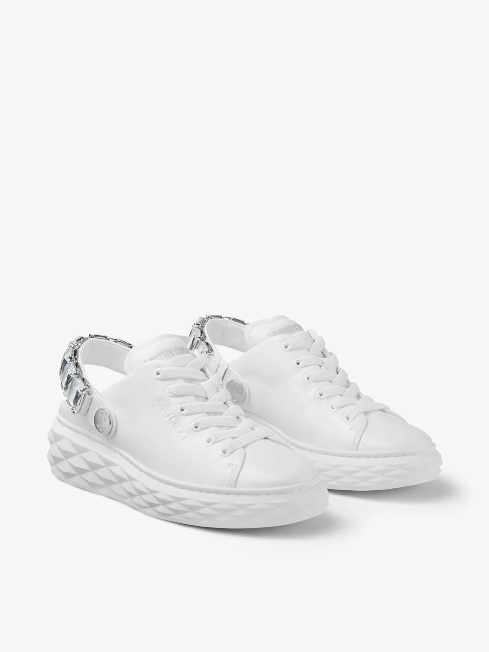 Close-up detail of the Jimmy Choo Diamond Sling White Nappa Leather Slipper Trainers with Crystal Strap