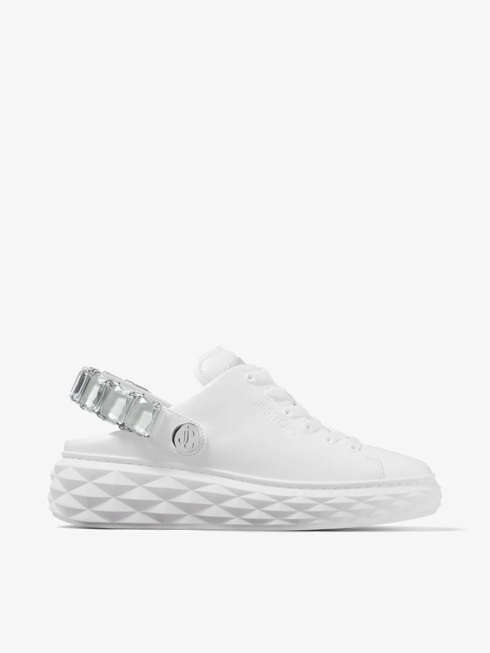 Jimmy Choo Diamond Sling White Nappa Leather Slipper Trainers with Crystal Strap in v white