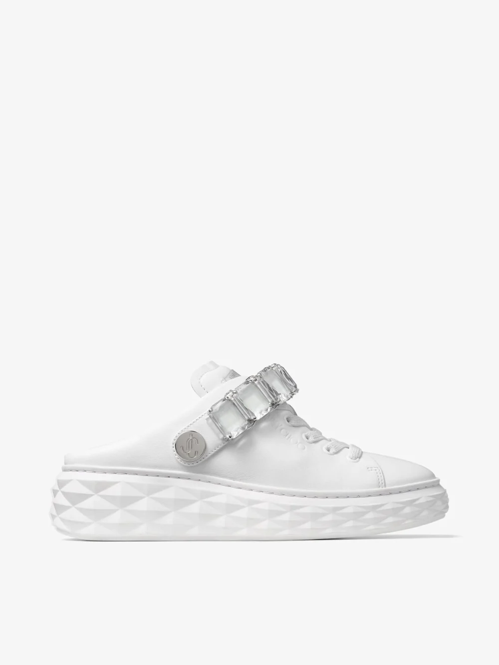 Side view of the Jimmy Choo Diamond Sling White Nappa Leather Slipper Trainers with Crystal Strap