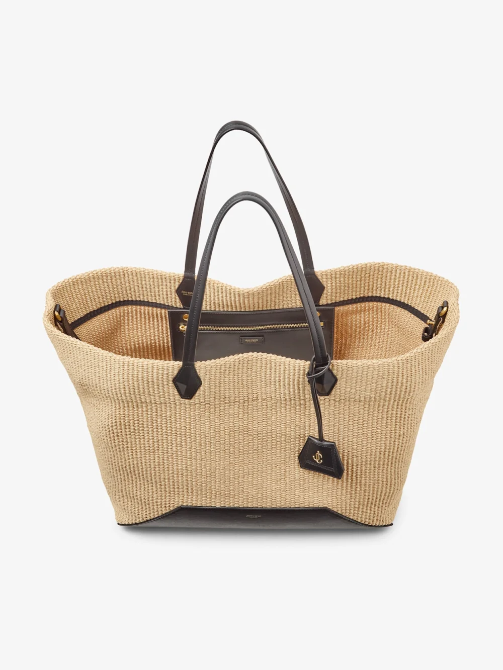 Back view of the Jimmy Choo Diamond Tote Large Natutal Raffia Tote Bag