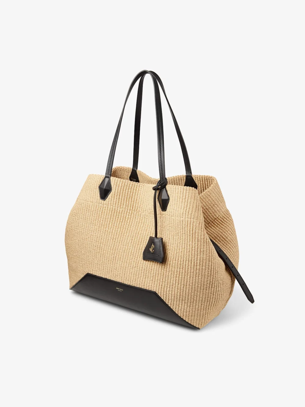 Side view of the Jimmy Choo Diamond Tote Large Natutal Raffia Tote Bag