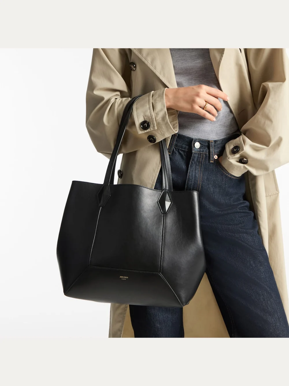 Side view of the Jimmy Choo Diamond Tote Medium Black Calf Leather Tote Bag
