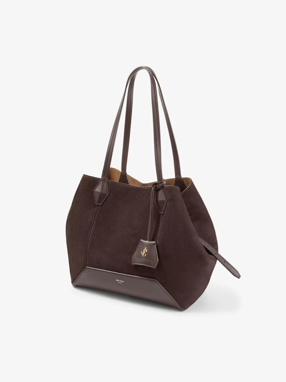 Close-up detail of the Jimmy Choo Diamond Tote Medium Coffee Suede Tote Bag