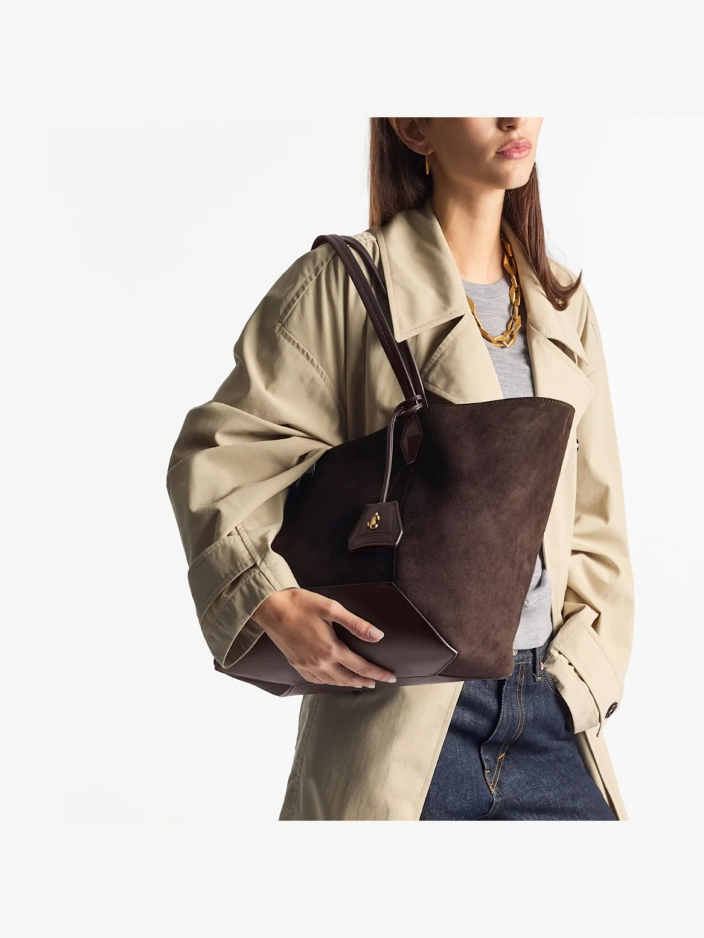 Side view of the Jimmy Choo Diamond Tote Medium Coffee Suede Tote Bag