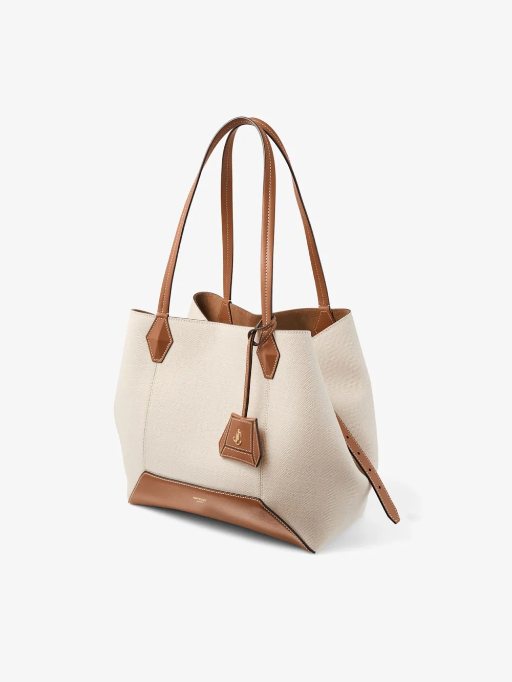 Close-up detail of the Jimmy Choo Diamond Tote Medium Natural and Tan Recycled Canvas Tote Bag with Leather Trim