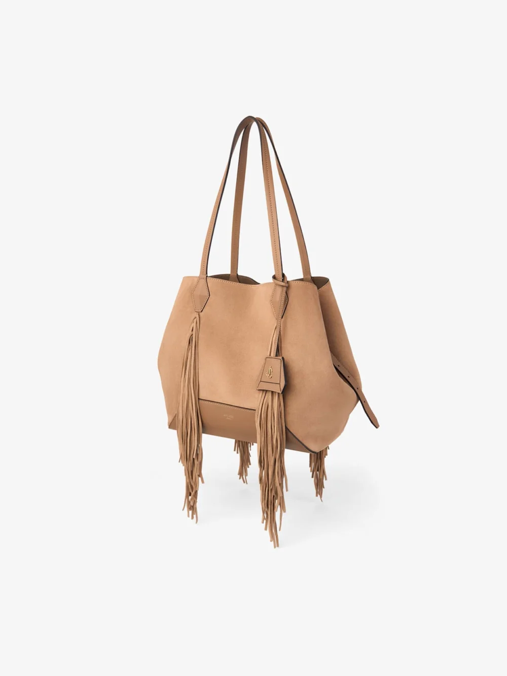 Close-up detail of the Jimmy Choo Diamond Tote Medium Toffee Suede Tote Bag with Fringes
