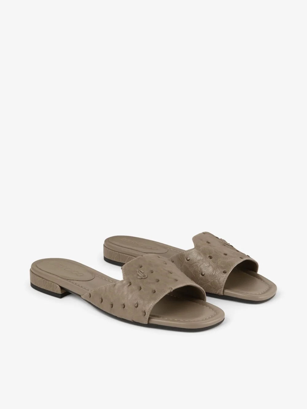 Close-up detail of the Jimmy Choo Dina Flat Taupe Ostrich Leather Flats