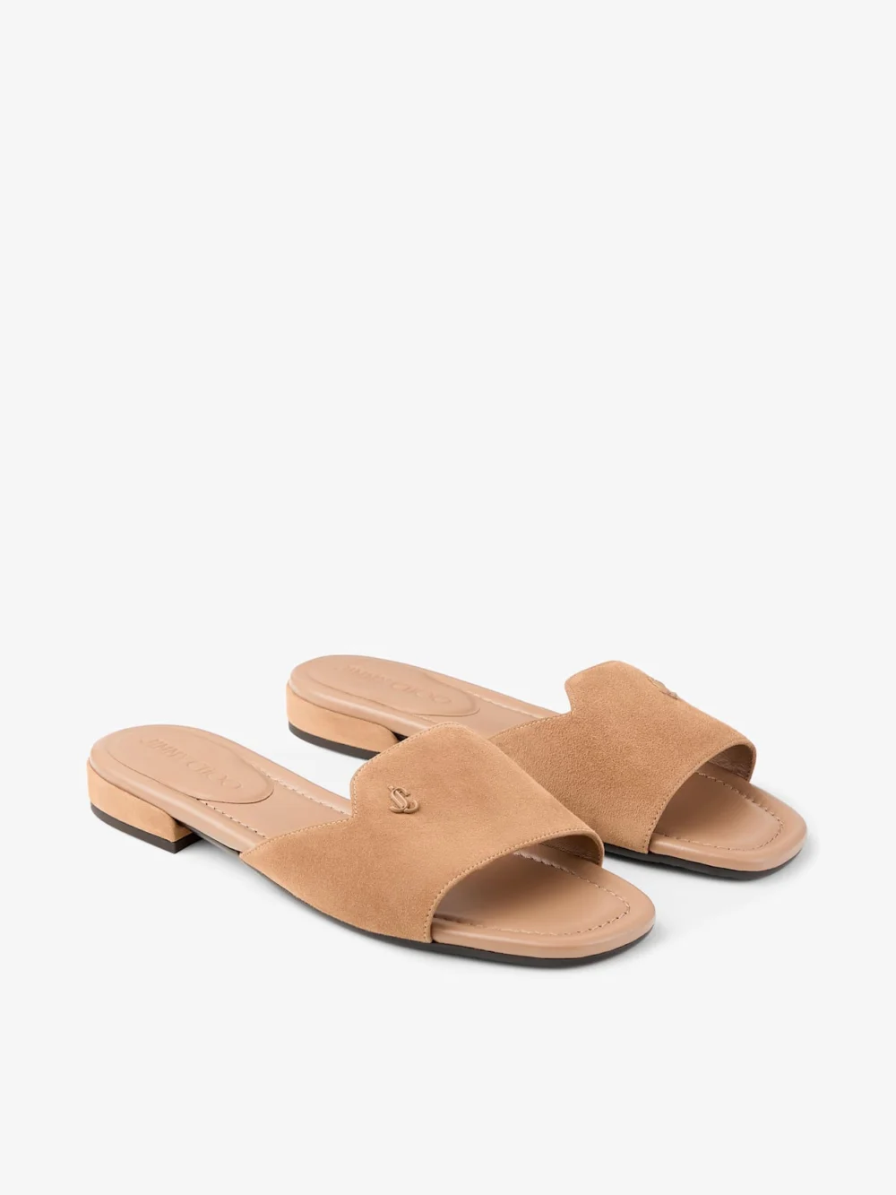 Close-up detail of the Jimmy Choo Dina Flat Toffee Suede Flats