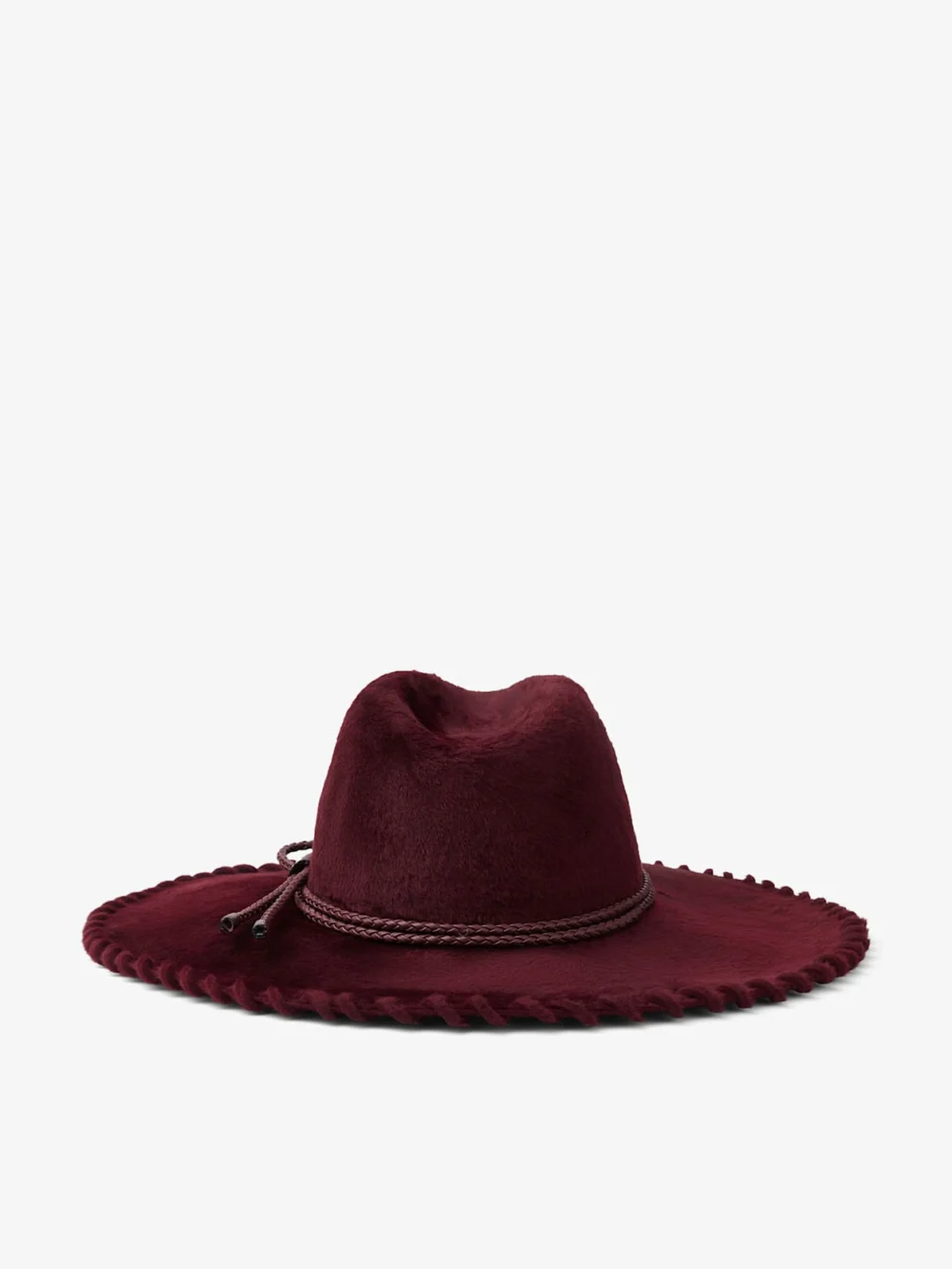 Close-up detail of the Jimmy Choo Dori Deep Merlot Felt Hat