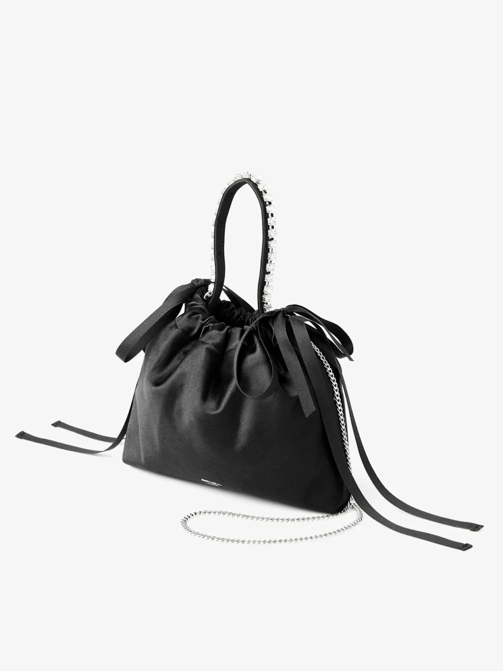 Side view of the Jimmy Choo Drawstring Mini Top Handle Black Satin Mini Shoulder Bag