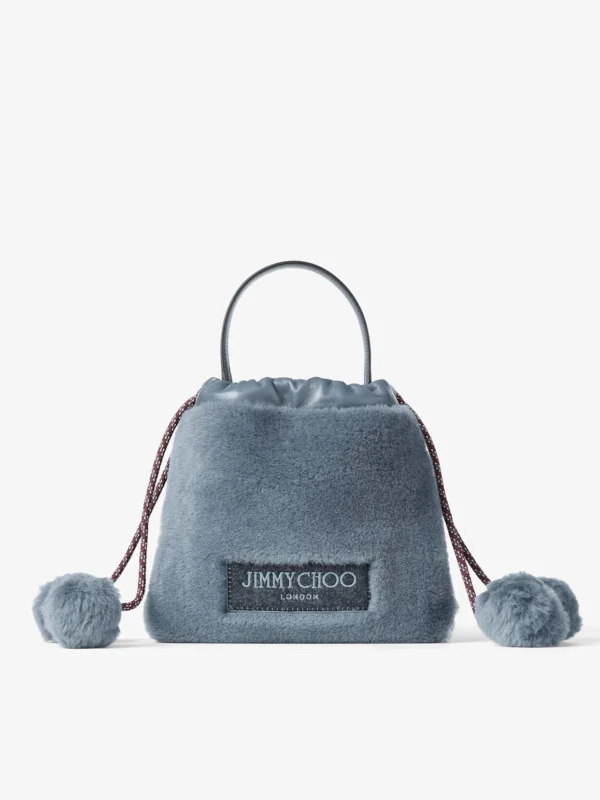 Jimmy Choo Drawstring Pouch Top Handle Arctic Blue Shearling and Nappa Leather Drawstring Pouch with Pom Poms