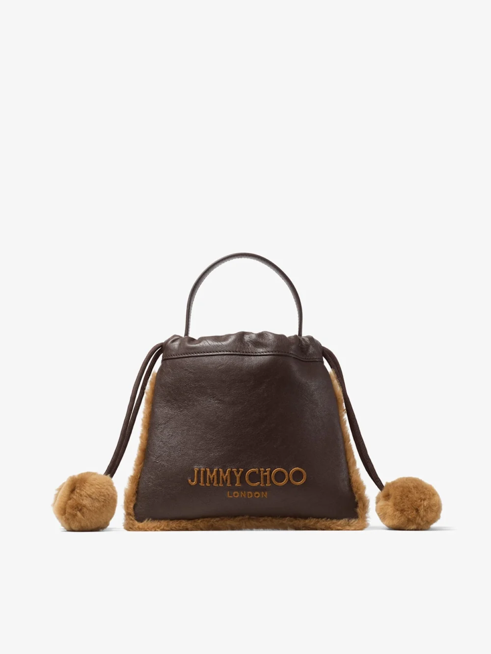 Jimmy Choo Drawstring Pouch Top Handle Chocolate and Toffee Biker Leather and Shearling Drawstring Pouch with Pom Poms in cho